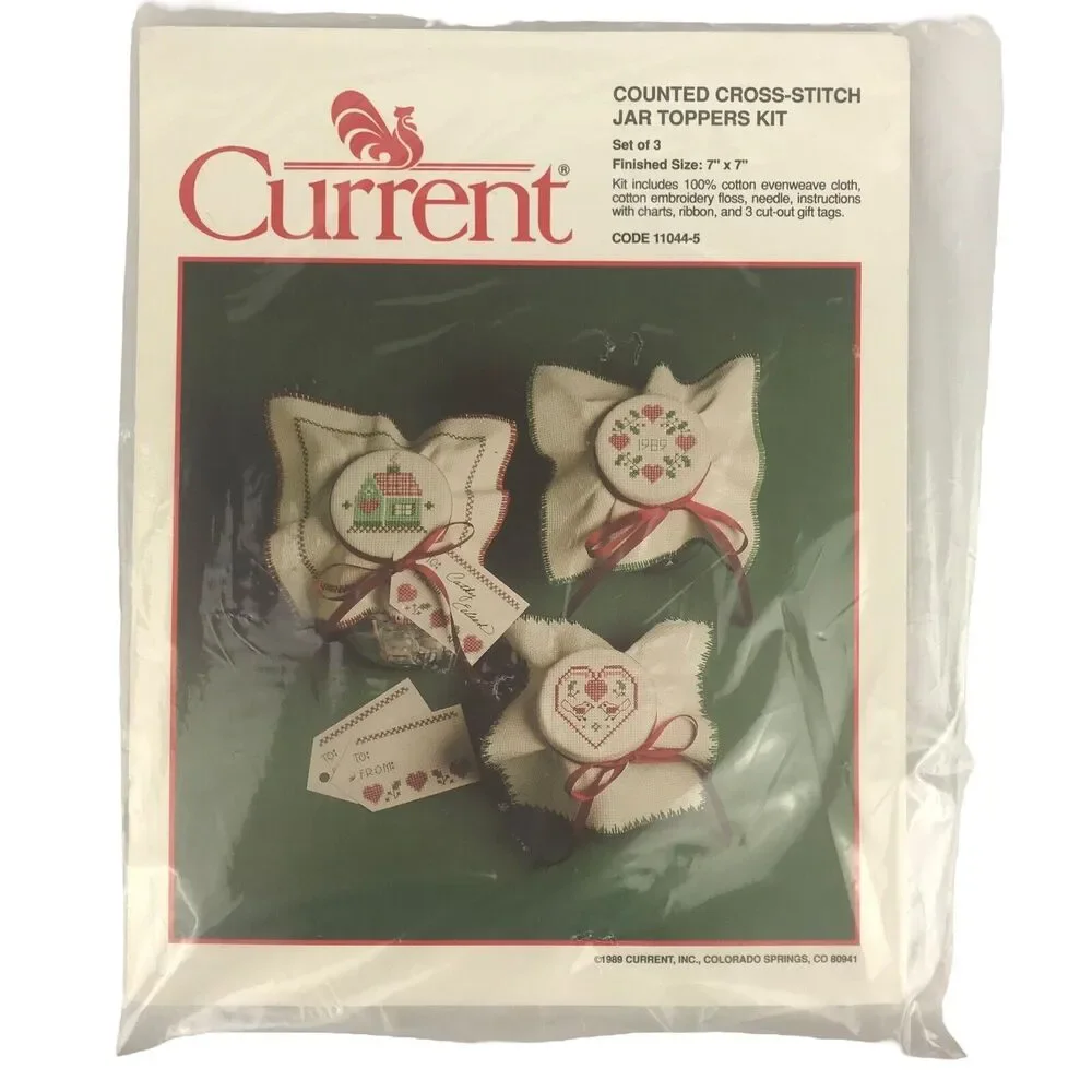 NOS Vintage Current Counted Cross Stitch Kit 3 Jar Toppers 7''x7'' Cotton 1989